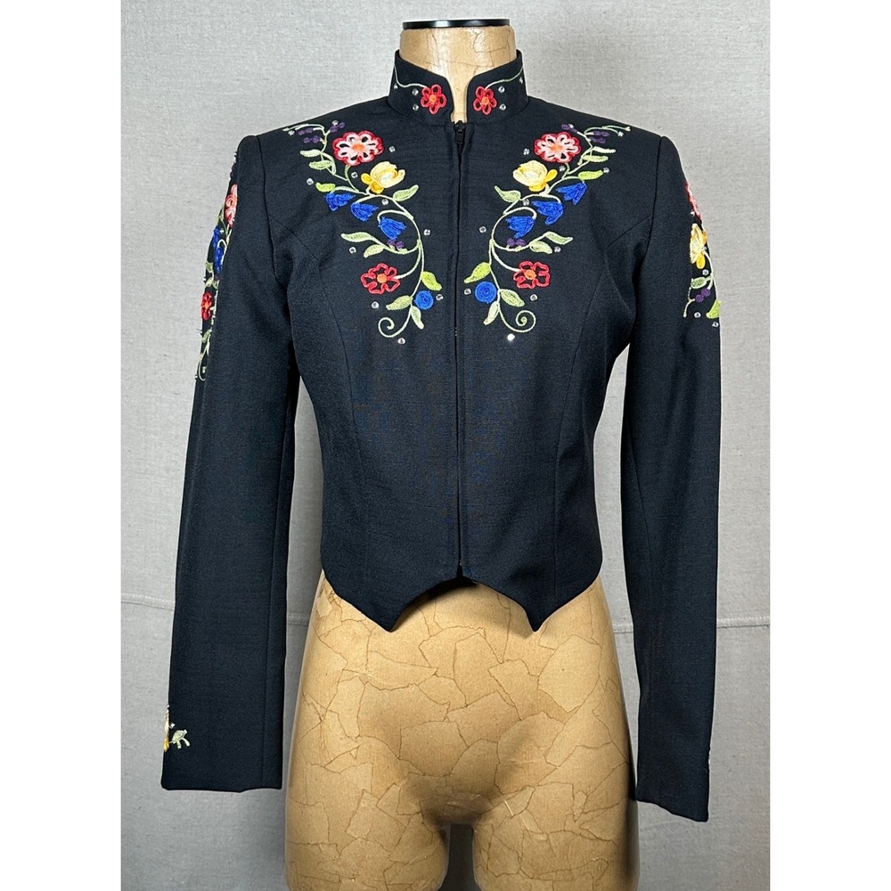 Hobby Horse XS Black Floral Embroidered Rhinestone Western Show Jacket Stage Vtg